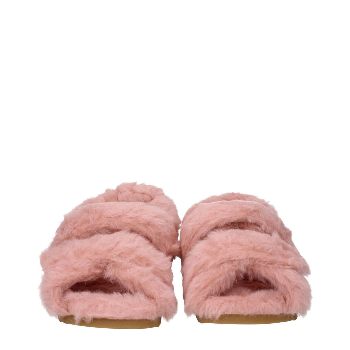 Max Mara Pink Fur Sandals with strap closure, open toe, eco fur material, and rubber sole. Casual style with blush secondary color.