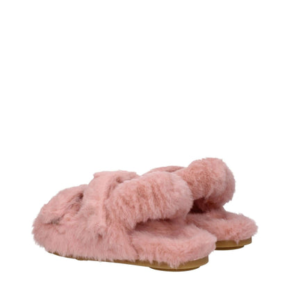 Max Mara Pink Fur Sandals with eco fur and strap closure, open toe design, low flat heel, featuring a side logo, casual style.