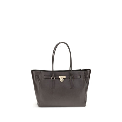 Michael Kors Brown Calf Leather Bos Taurus Shoulder Bag with decorative belt and padlock pendant.