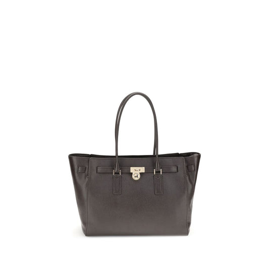 Michael Kors Brown Calf Leather Bos Taurus Shoulder Bag with decorative belt and padlock pendant.