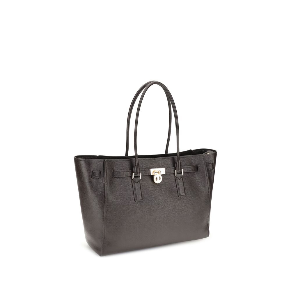 Michael Kors Brown Calf Leather Bos Taurus Shoulder Bag with elegant padlock pendant and structured design.