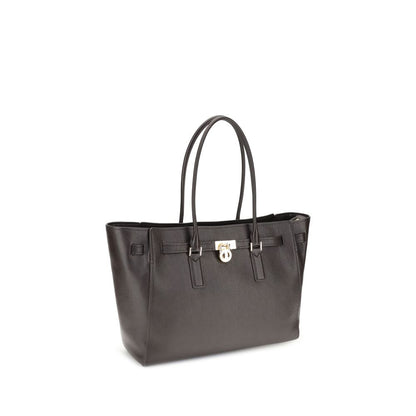Michael Kors Brown Calf Leather Bos Taurus Shoulder Bag with elegant padlock pendant and structured design.