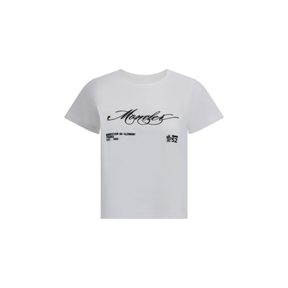 Moncler White Cotton T-Shirt with embroidered logo and ribbed crew neck, crop cut design, ideal for AW25 casual fashion.