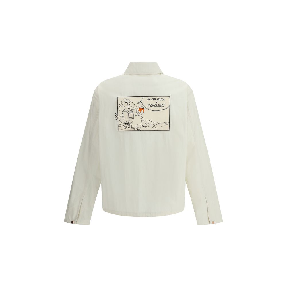 Moncler x Donald Glover White Cotton Coat with comic-style patch on back, part of Moncler Genius line.