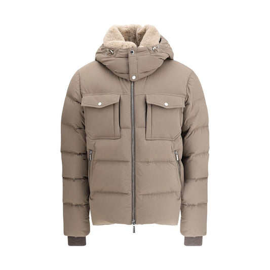 MooRER Beige Alarick Padded Down Jacket with high collar, removable hood, shearling fur, flap chest pockets, elastic cuffs.
