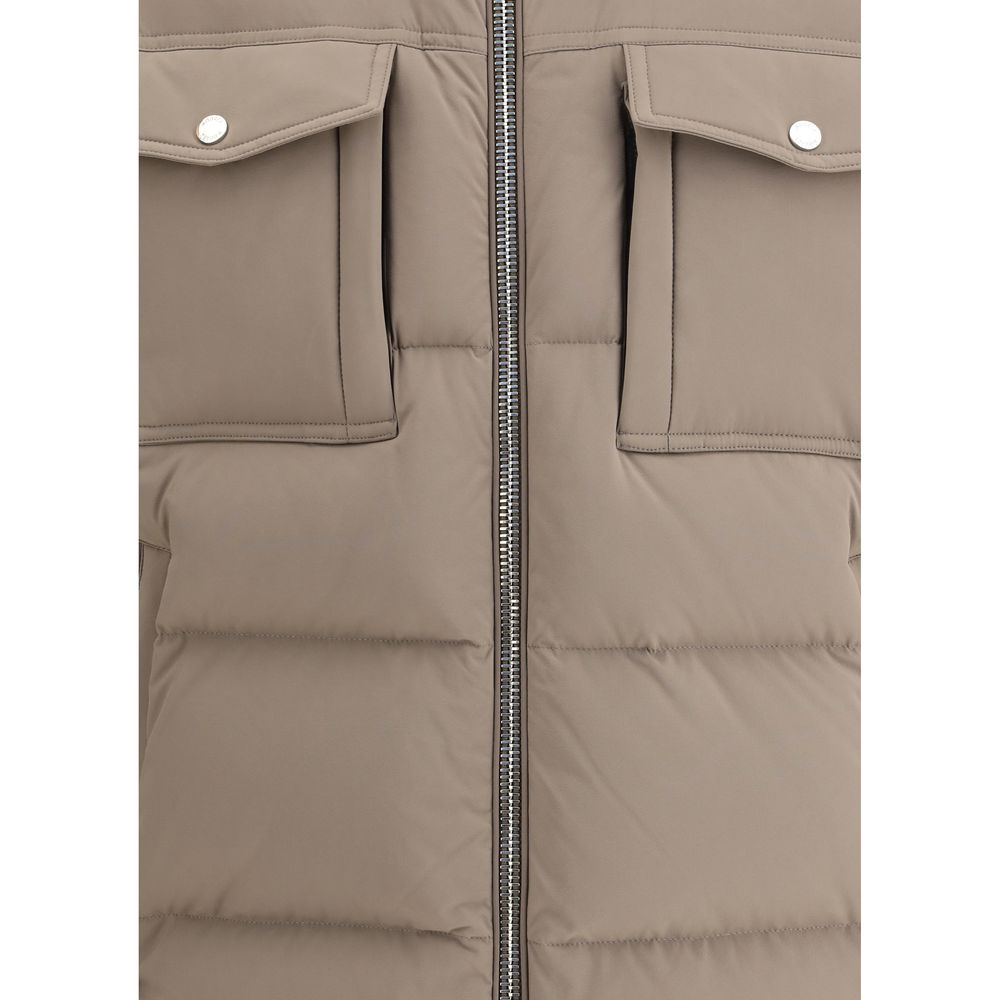 Close-up of MooRER Beige Alarick Padded Down Jacket with flap chest pockets and zipper detail for warmth and style.