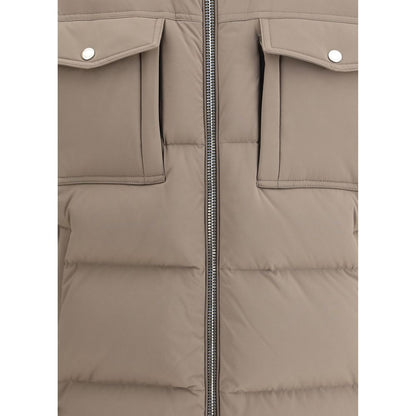 Close-up of MooRER Beige Alarick Padded Down Jacket with flap chest pockets and zipper detail for warmth and style.