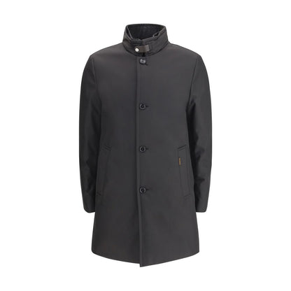 MooRER Black Polyester Coat with windproof and water-repellent features, banded collar, horn buttons, and zippered pockets.