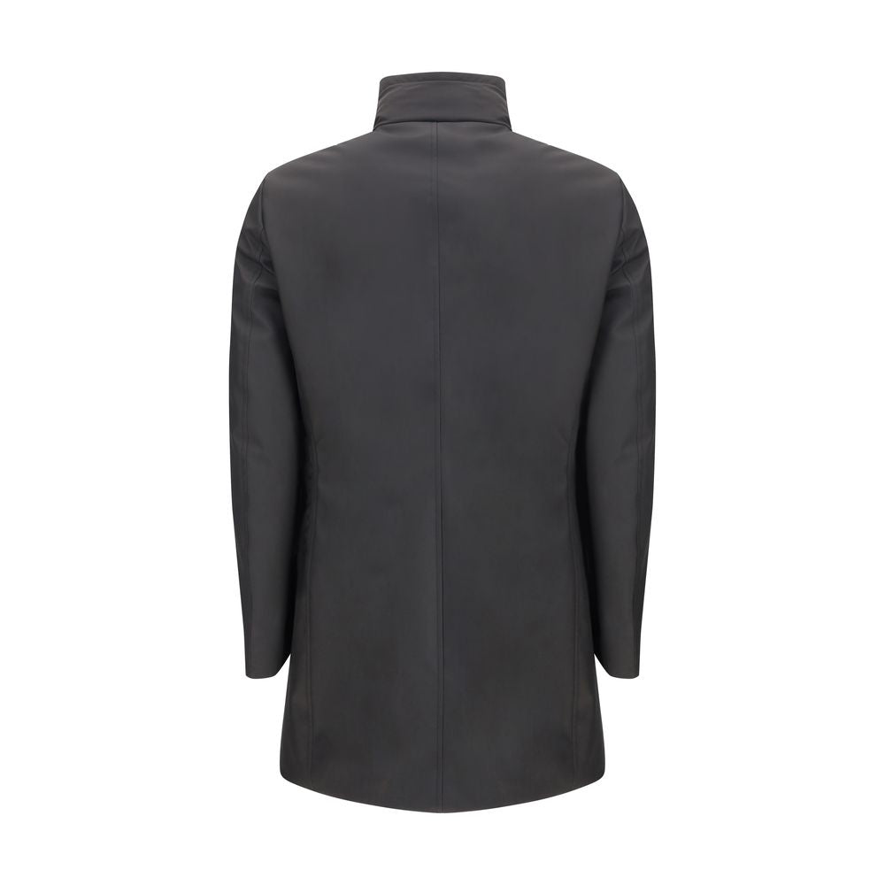 Back view of MooRER Black Polyester Coat, featuring a windproof 3-layer fabric and stand-up collar. Technical and stylish design.