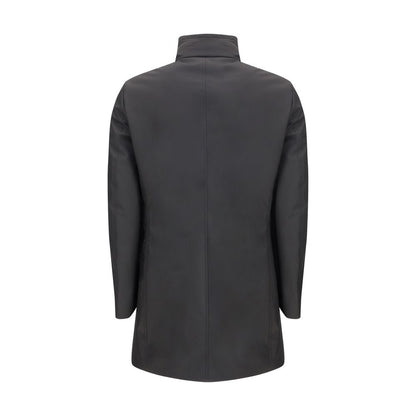 Back view of MooRER Black Polyester Coat, featuring a windproof 3-layer fabric and stand-up collar. Technical and stylish design.