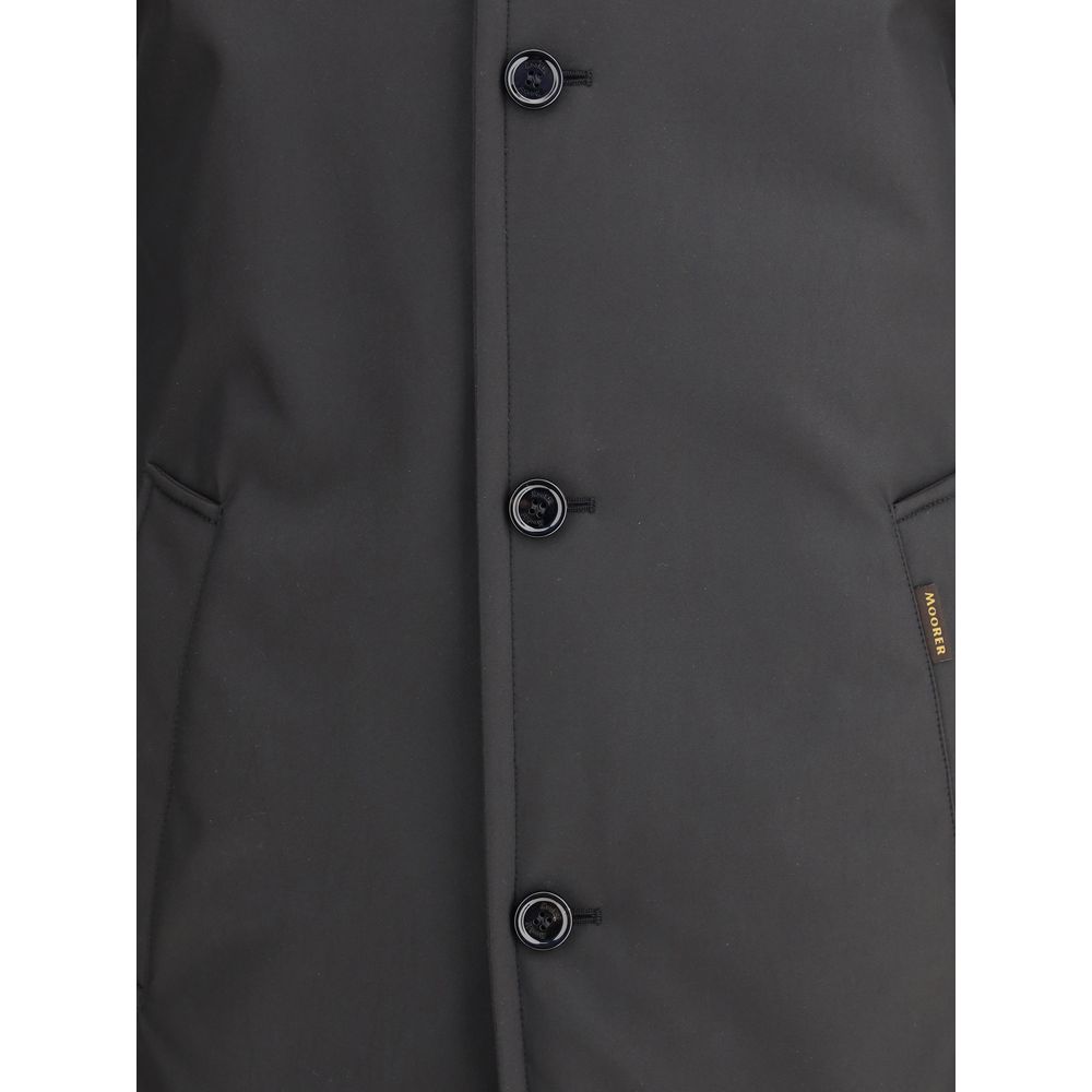 MooRER Black Polyester Coat with horn button and hidden zipper pockets, featuring windproof, water-repellent fabric for lightweight warmth.