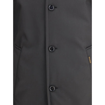 MooRER Black Polyester Coat with horn button and hidden zipper pockets, featuring windproof, water-repellent fabric for lightweight warmth.