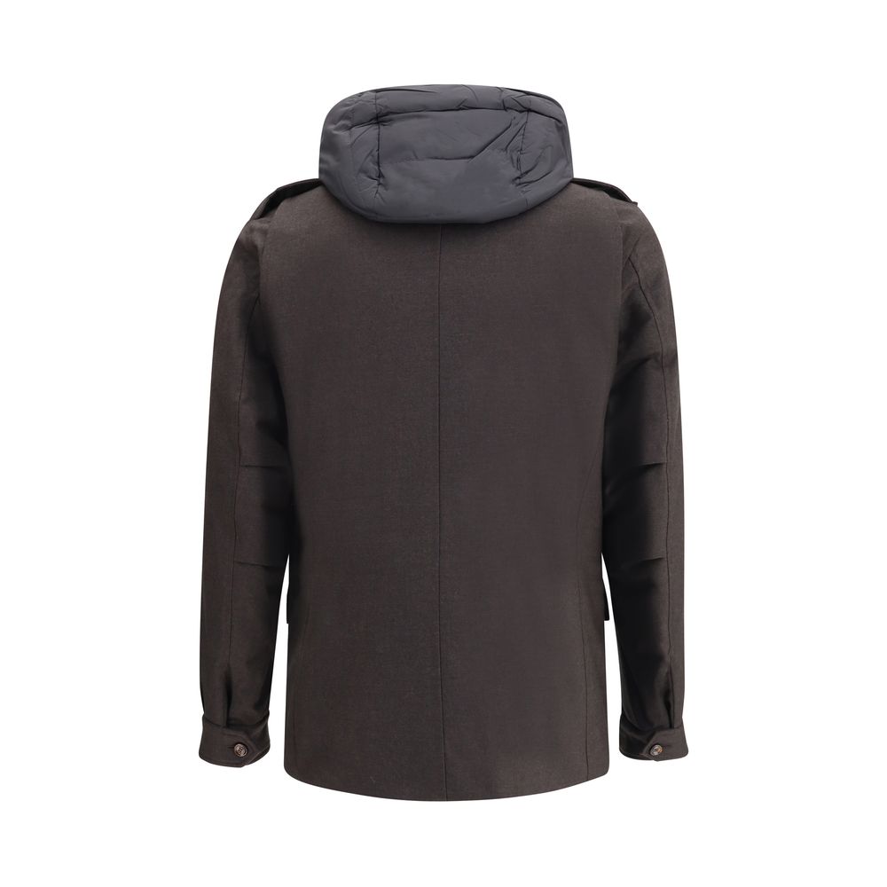 Back view of MooRER Brown Fleece Wool Coat with hood and quilted lining for warmth.