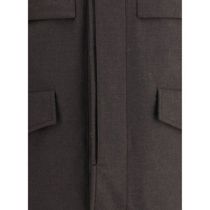 Close-up of MooRER Brown Fleece Wool Coat featuring patch pockets and refined design.