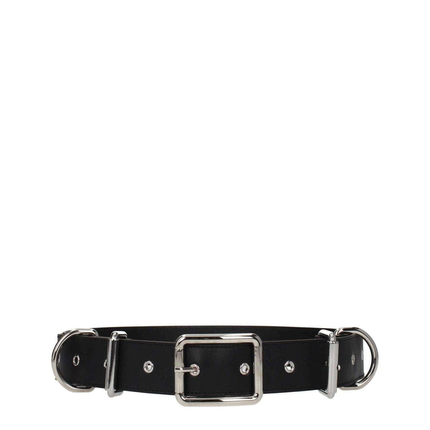 Moschino Black Leather Belt with silver buckle, punk rock style, adjustable size, 4 cm height. MPN: A803780020555.