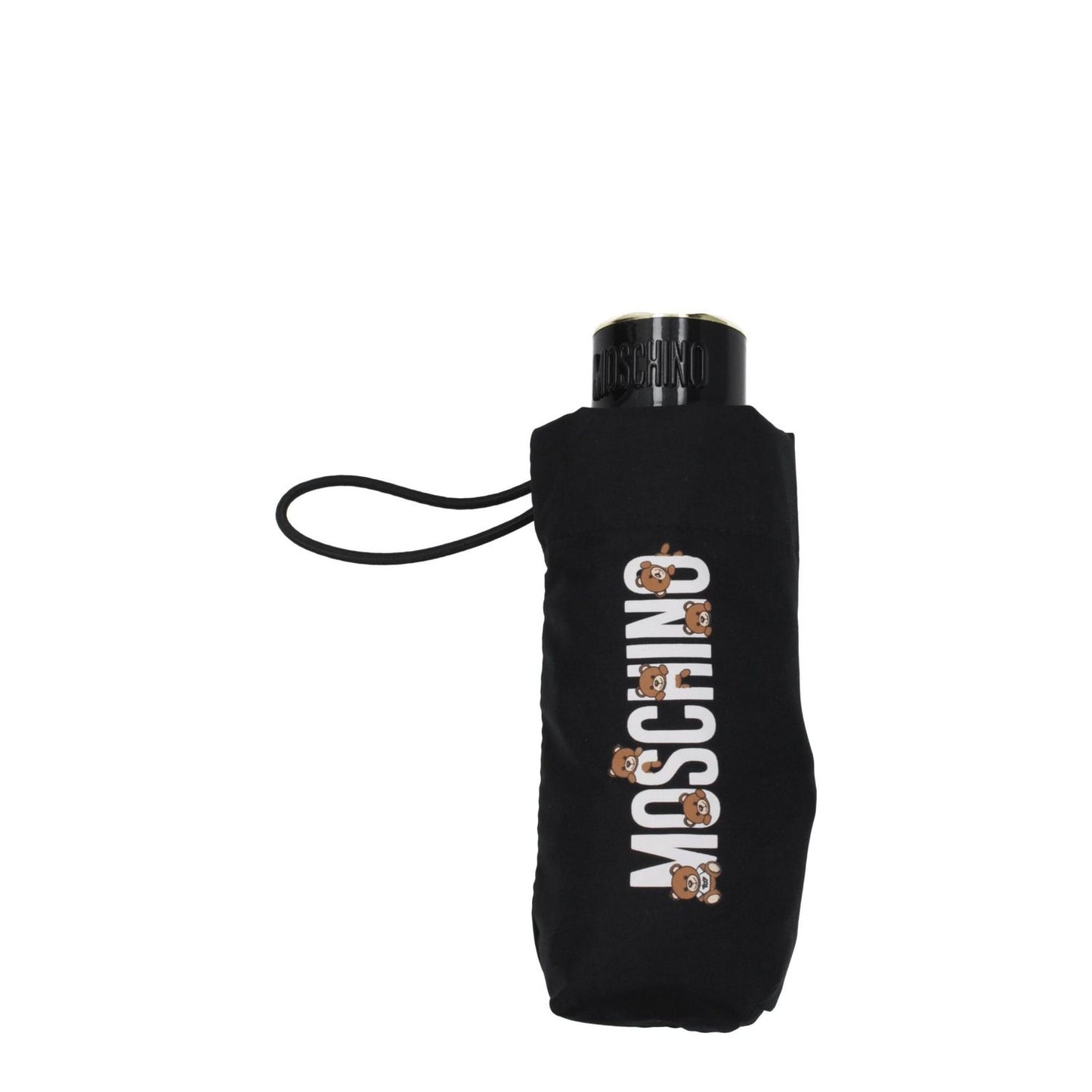 Moschino Black Polyester Umbrella with logo and snap closure, casual style, MPN 8432SUPERMINIA, designed in durable black polyester.