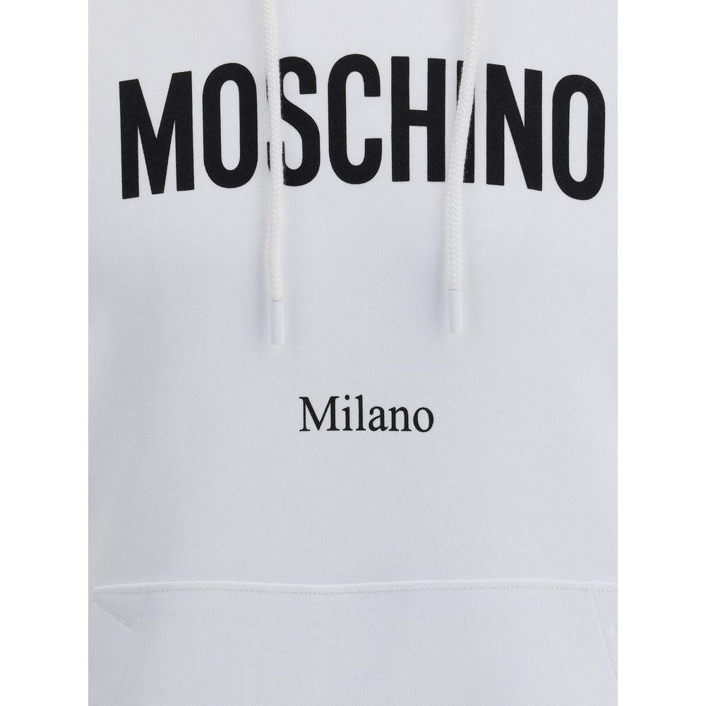 Moschino White Cotton Sweatshirt with monogram print, adjustable drawstring hood, and pouch pocket, perfect for AW25 fashion.
