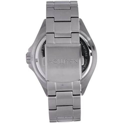 NAUTICA Mod. NAPCPS904 watch, quartz analog, multifunction, silver bracelet, back view, mineral dial, 5 ATM water resistance, 46 mm case.