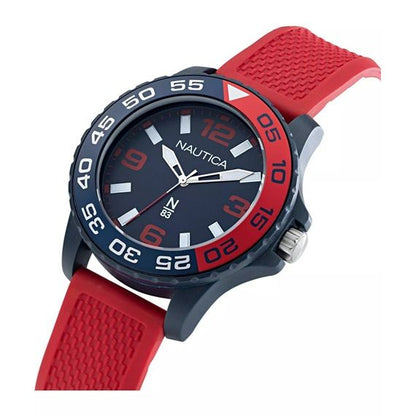 NAUTICA Mod. NAPFWS303 quartz analog gent's watch with red and blue dial, 5 ATM water resistance, 45mm case, and bracelet.