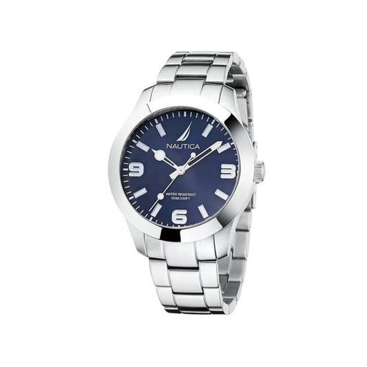NAUTICA Mod. NAPPBF201 men's bracelet watch with quartz analog movement, 42mm case, and 10 ATM water resistance.