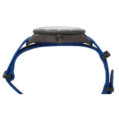 Side view of NAUTICA Mod. NAPPRF002 watch with blue strap and black case, quartz analog, water-resistant 10 ATM, 45mm case