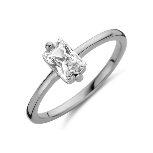 Alt Tag: Elegant silver ring from NEW BLING Mod. 9NB-0592-54 collection featuring a radiant cut diamond centerpiece.