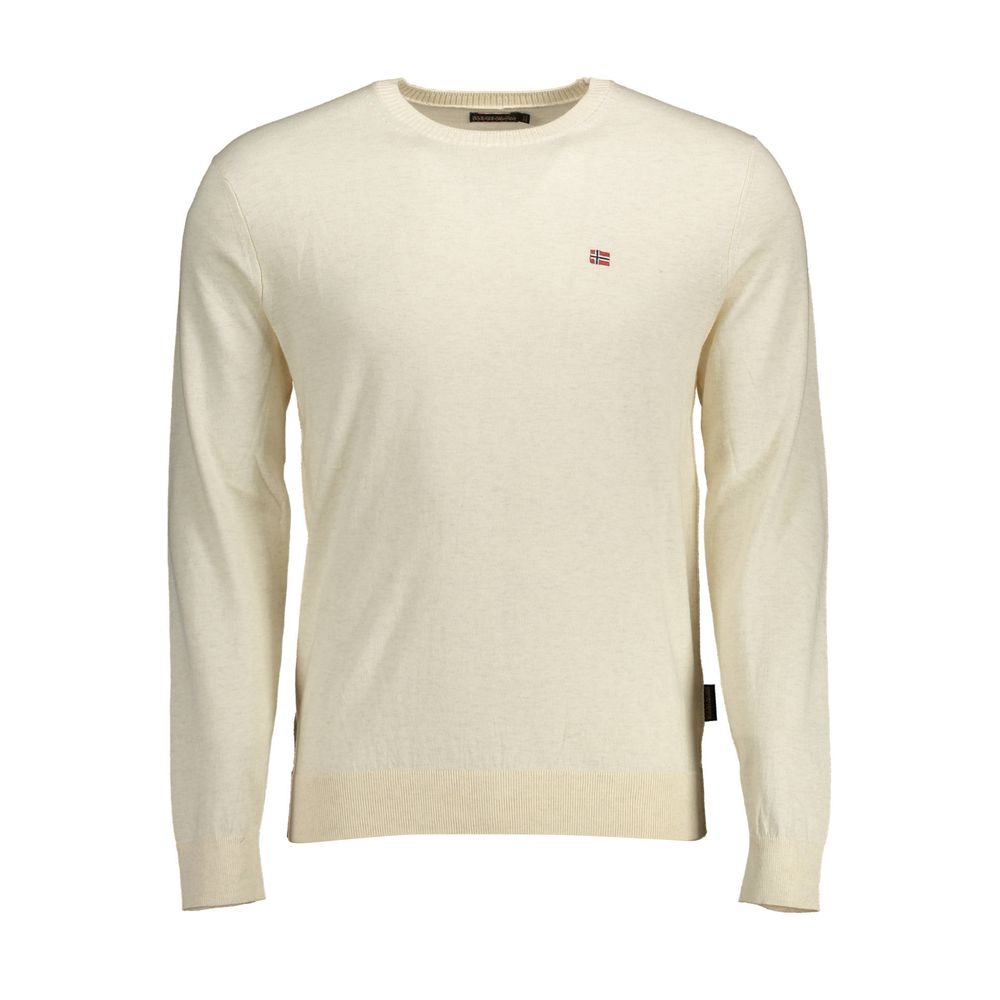 Napapijri Beige Cotton Men Sweater with crew neck and logo embroidery, perfect for casual luxury and high-end fashion.