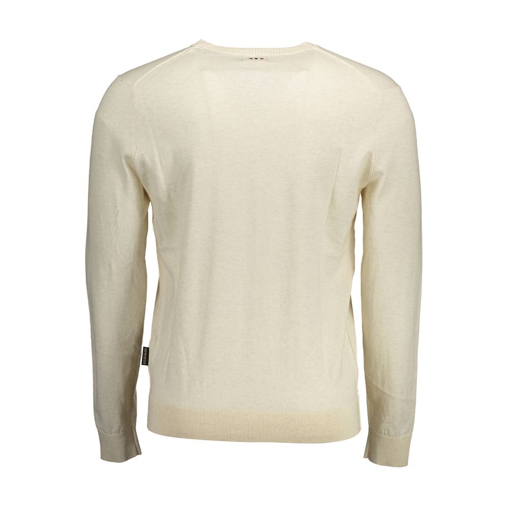 Back view of Napapijri Beige Cotton Men Sweater with long sleeves and crew neck, showcasing high-end casual fashion in beige.
