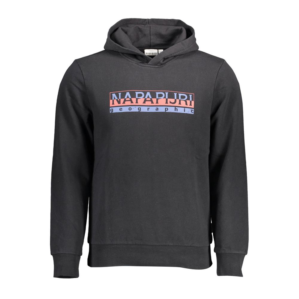 Napapijri Black Cotton Men Hoodie with logo print on the chest, showcasing sleek and trendy urban style.