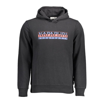Napapijri Black Cotton Men Hoodie with logo print on the chest, showcasing sleek and trendy urban style.