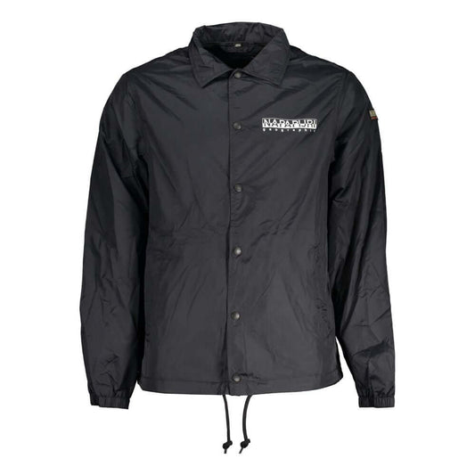 Napapijri Black Polyester Men Jacket with logo, waterproof, long sleeves, contrast details.