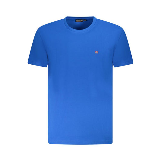 Napapijri Blue Cotton Men T-Shirt, crew neck, regular fit in bright blue, featuring Napapijri logo embroidery.
