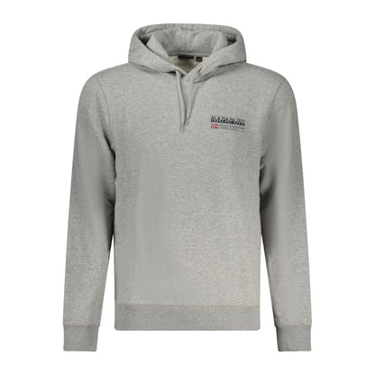 Napapijri Gray Cotton Men Sweater with logo print and hood, regular fit for casual sophistication and modern style.
