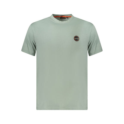 Napapijri Green Cotton Men T-Shirt with short sleeves and crew neck, featuring logo on chest, made from 100% organic cotton.