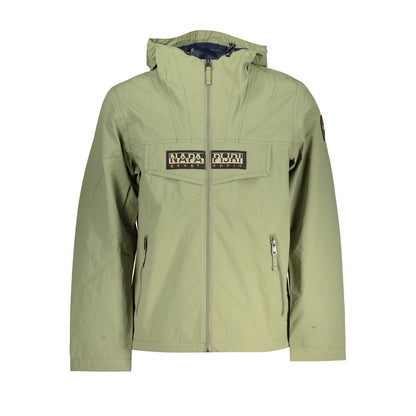 Napapijri Green Polyester Men Jacket with hood, waterproof and stylish design, featuring a bold logo and zip fastening.