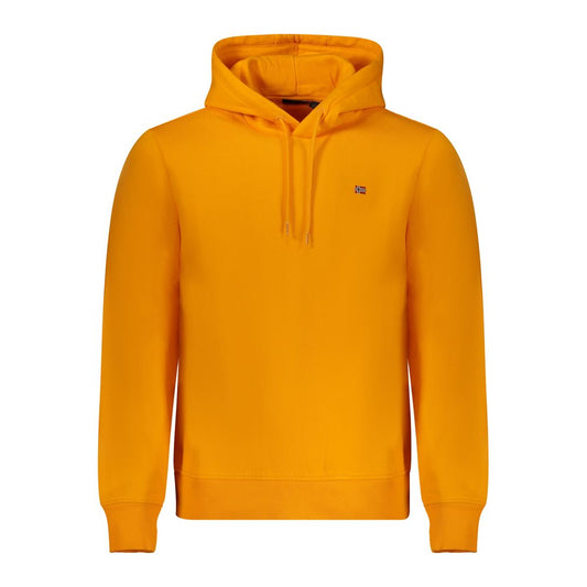 Napapijri Orange Cotton Men Sweater with hood and bold logo, perfect for breezy days. Comfortable and durable cotton-polyester blend.