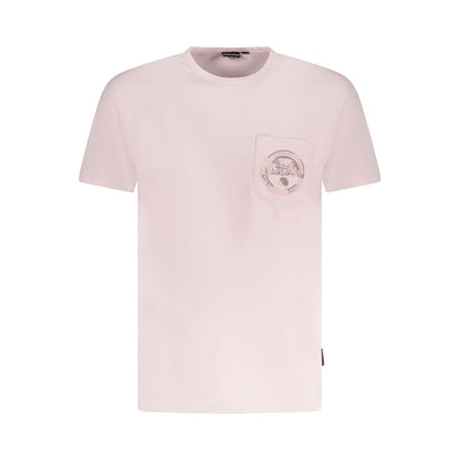 Napapijri Pink Cotton Men T-Shirt with logo, crew neck, and pocket detail, short sleeve design for casual wear.