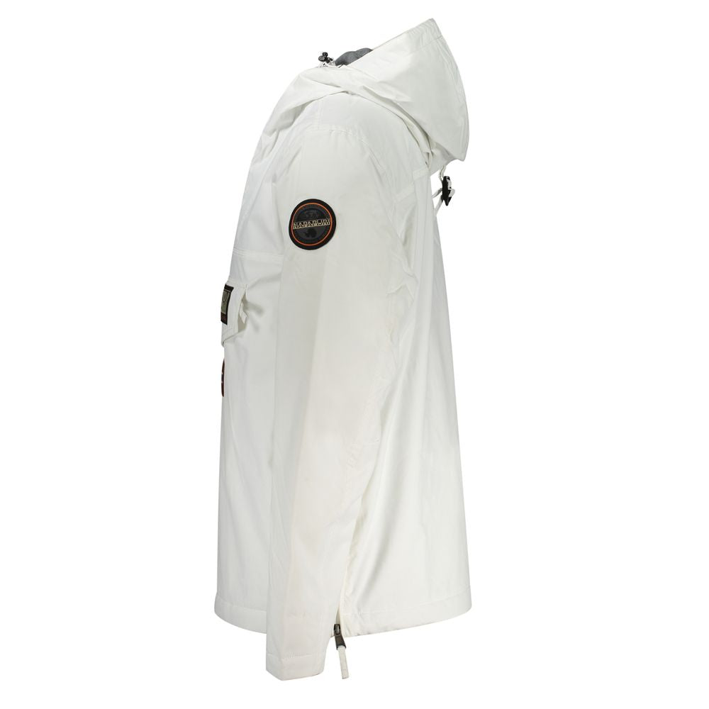 Napapijri White Polyamide Men Jacket with hood and side zip, eco-friendly design, displayed in side view with badge detail.