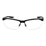 Nike Black Men Glasses Frame, half-rim rectangle style with stainless steel, size 58-15-145, black color, demo lenses, no spring hinge.