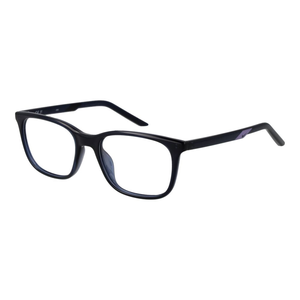 Nike Black Women Glasses Frame, stainless steel full-rim rectangle style, demo lenses, size 53-18-145, frame color blue.