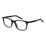 Nike Black Women Glasses Frame, stainless steel full-rim rectangle style, demo lenses, size 53-18-145, frame color blue.
