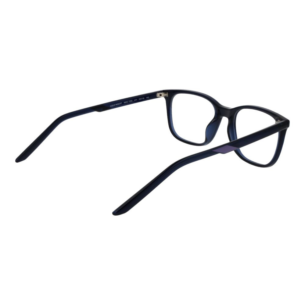 Nike Black Women Glasses Frame in blue stainless steel, full-rim rectangle design, demo plastic lenses, size 53-18-145, temples 145mm.