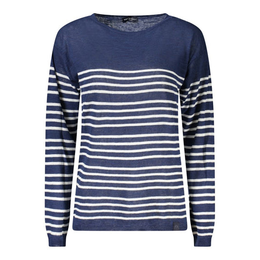 North Sails Blue Cotton Women Sweater with striped pattern and wide neckline, featuring North Sails logo, crafted in cotton and linen blend.