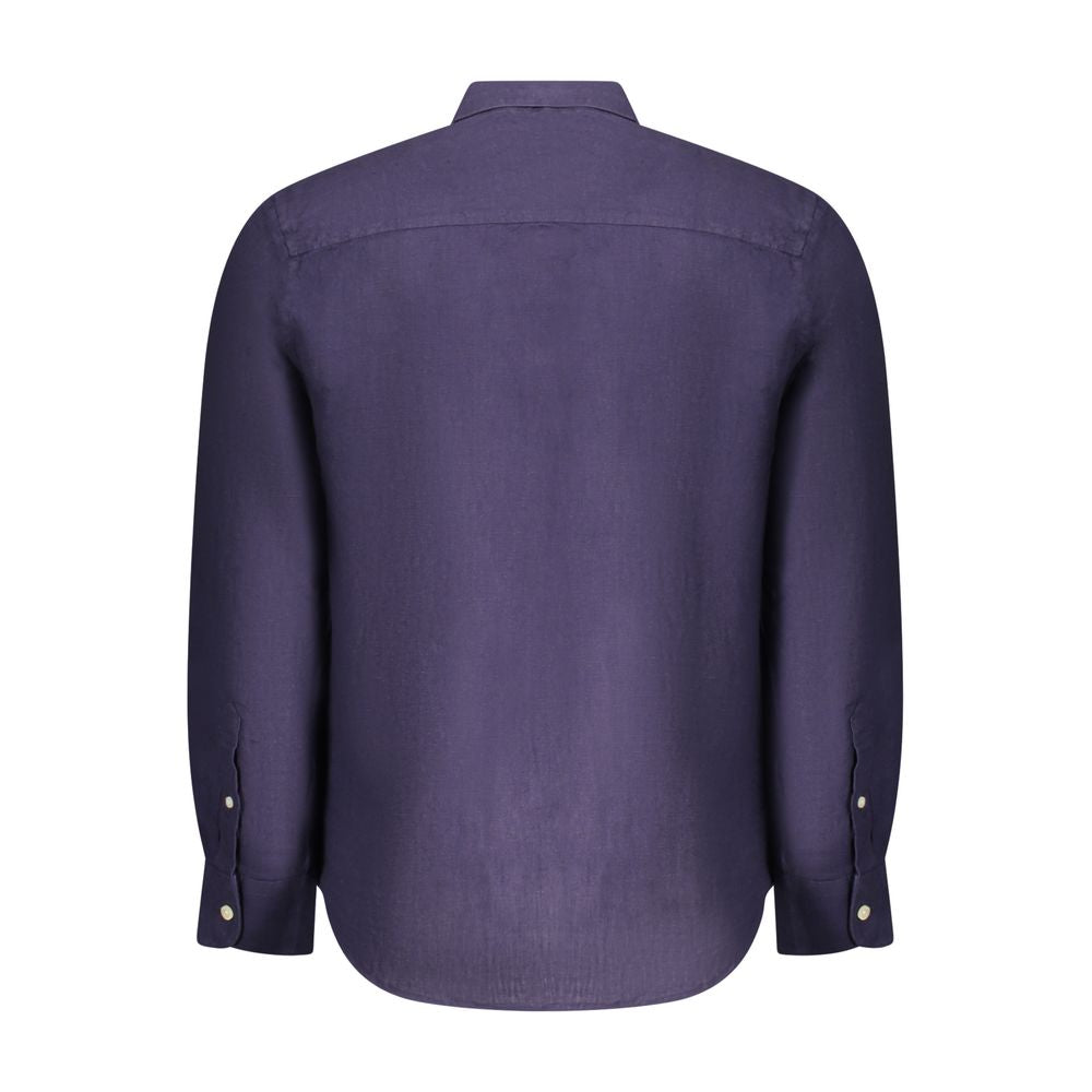 Back view of North Sails Blue Linen Men Shirt with Italian collar and 1-button cuffs, showcasing designer embroidery and logo.