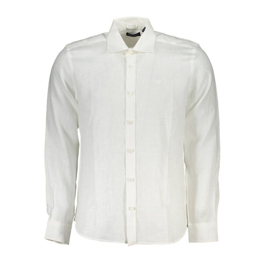 Alt Tag: North Sails White Linen Men Shirt with Italian collar and subtle embroidery, showcasing refined 1-button cuffs and elegant buttons.