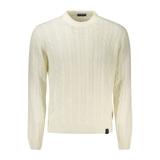 North Sails White Wool Men Sweater with long sleeves and crew neck, showcasing classic design and subtle logo on front.