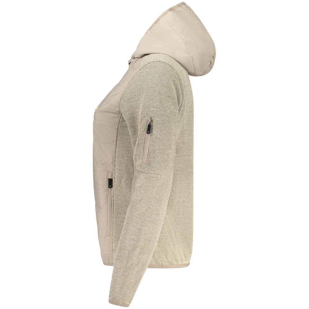 Side view of Norway 1963 Beige Polyester Women Jacket with hood and four pockets, showcasing chic comfort and style.