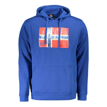 Norway 1963 Blue Cotton Men Sweater with bold print and logo, featuring central pocket, artistic blue shade, and modern comfort.