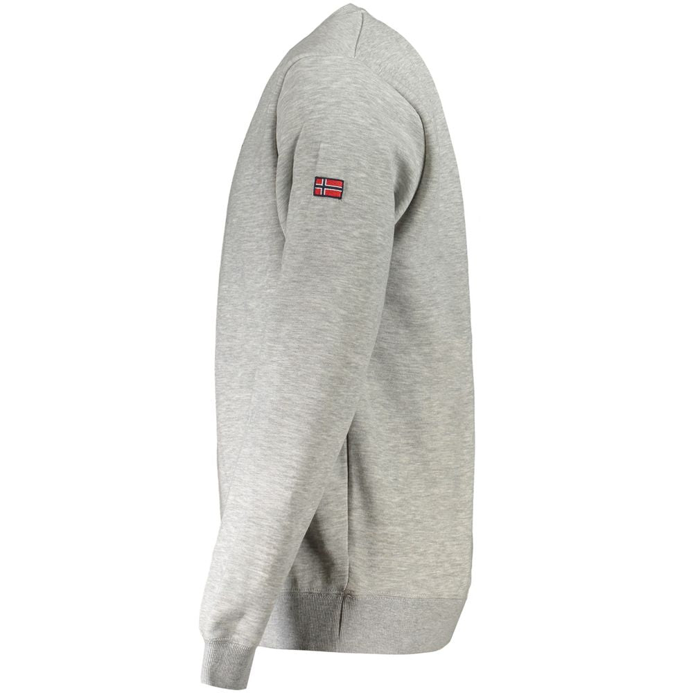 Side view of Norway 1963 Gray Cotton Men's Sweater with emblem print, showcasing its classic crew neck cut and sleek design.