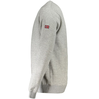 Side view of Norway 1963 Gray Cotton Men's Sweater with emblem print, showcasing its classic crew neck cut and sleek design.